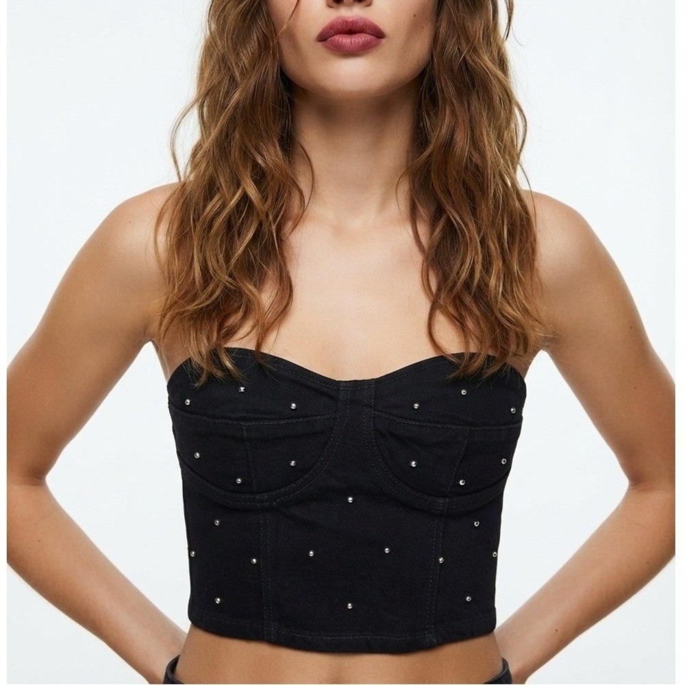 Zara Studded Denim Bustier Top Strapless Zip Back Sweetheart Neck Black Medium